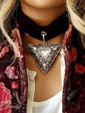 Necklace Choker Designer Jewelry Dark Chocolate Velvet Silver Big Pendant